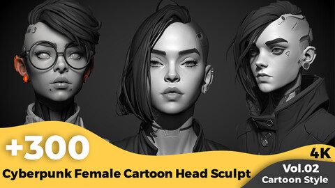 +300 Cyberpunk Female Cartoon Head Sculpt Reference(4k)