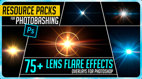 PHOTOBASH 75+ Lens Flare Overlay Effects Resource Pack Photos for Photobashing in Photoshop