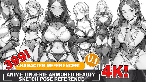 399 Anime Lingerie Armored Beauty Sketch Action Pose Characters Reference Intricate Designs and Designs Reference Art V1 4K