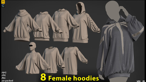 8 Female hoodies (OBJ-FBX-ZPRJ)