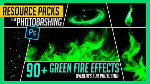 PHOTOBASH 90+ Green Fire Overlay Effects Resource Pack Photos for Photobashing in Photoshop