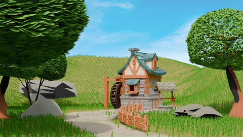 Low-Poly Stylized Village Scene