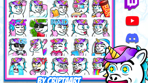 Unicorn Emotes Mega Pack / Cute Twitch emoji, kawaii icons, channel points / items for movie streaming, Discord, Tiktok, Youtube