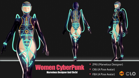 3D Women Cyberpunk Outfit (CLO3D, MD PROJECTS+OBJ+FBX)