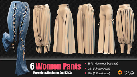 6 Pants Women (CLO3D, MD PROJECTS+OBJ+FBX) Vol 01