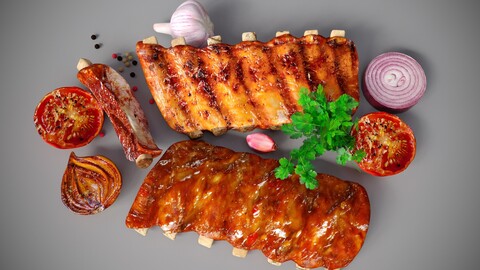 Grilled ribs in sauce with vegetables