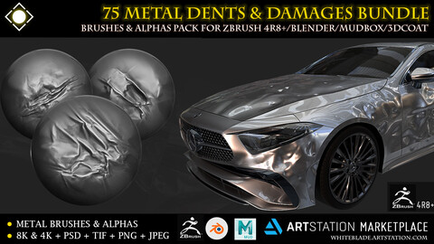 75 Metal Sheet Dents & Damages Brushes & Alphas BUNDLE - ZBrush 4R8+/Blender/Mudbox/3dcoat