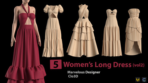 5 Women's Long Dress(vol2) + Zprj +Obj + Fbx