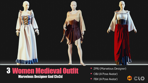 3 Women Medieval Outfits (CLO3D, MD PROJECTS+OBJ+FBX)