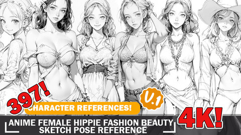 397 Various Anime Female Beauty Hippie Fashion Sketch Pose Characters Reference Intricate Designs and Designs Reference Art V1 4K