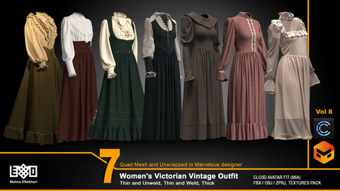 7 Women's Victorian Vintage Outfit - VOL8 (ZPRJ+FBX+OBJ Files)