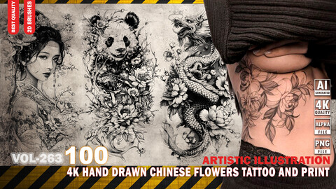 100 4K HAND DRAWN CHINESE FLOWERS TATTOO AND PRINT - ARTISTIC ILLUSTRATION - HIGH END QUALITY RES - (TRANSPARENT & ALPHA) - VOL263