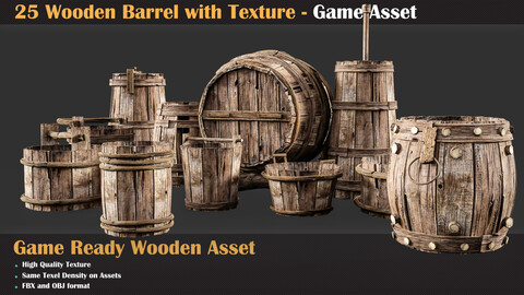 25 Wooden Barrel with Texture - Game Asset