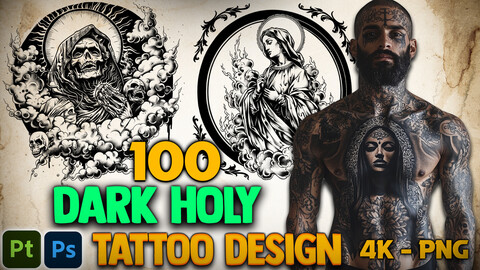 100 Dark Holy Tattoo Design (PNG Files)-4K- High Quality