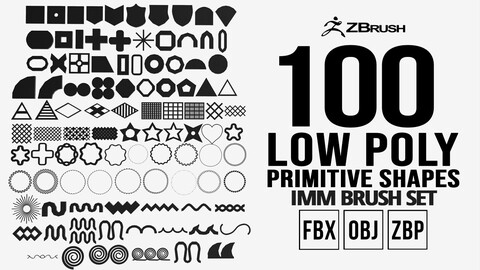 100 low poly primitive geometric base mesh shapes imm Zbrush set, obj and fbx files.