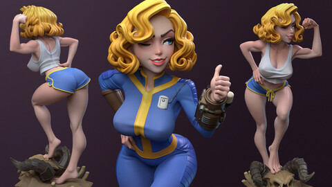 Vault Girl, 3D Print STL, Render Images/Videos, Marmoset Viewer Files