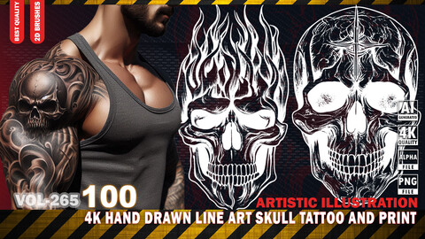 100 4K HAND DRAWN LINEART SKULL TATTOO AND PRINT - ARTISTIC ILLUSTRATION - HIGH END QUALITY RES - (TRANSPARENT & ALPHA) - VOL265