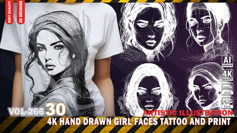 30 4K HAND DRAWN GIRL FACES TATTOO AND PRINT - MINI PACK - (TRANSPARENT & ALPHA) - VOL266