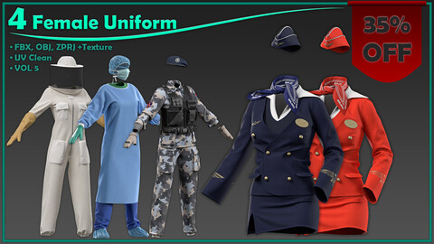 4 female uniform with texture/military, stewardess, beekeeper, surgeon/ zprj+obj+fbx+4K PBR/ clo3d, marvelous designer/ uniform pack vol5