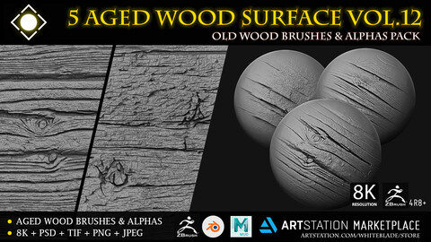 5 Old Age Wood Digital Surface Brushes & Alphas Vol.12 - ZBrush 4R8+/Blender/Mudbox/3dcoat