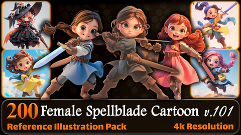 200 Female Spellblade Cartoon (Full Body) Reference Pack | 4K | v.101