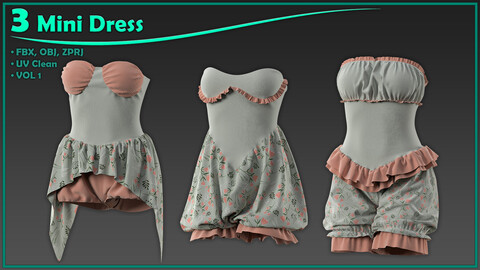 3 female mini dress/ zprj+obj+fbx/ clo3d, marvelous designer/mini overall