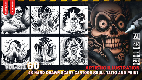 60 4K HAND DRAWN SCARY CARTOONY SKULL - ARTISTIC ILLUSTRATION + SVG  (TRANSPARENT & ALPHA) - VOL271