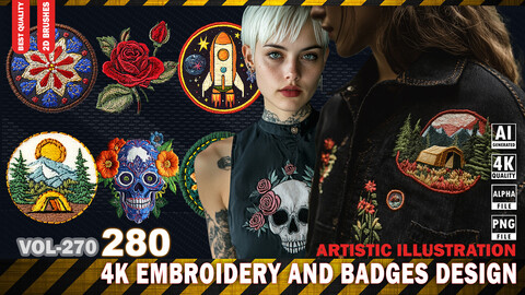 280 4K EMBROIDERY AND BADGES DESIGN - ARTISTIC ILLUSTRATION - HIGH END QUALITY RES - (TRANSPARENT & OPACITY) - VOL270