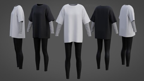 3D Oversized T-Shirt and Leggings Goth Outfit - White and Black E-Girl Shirt