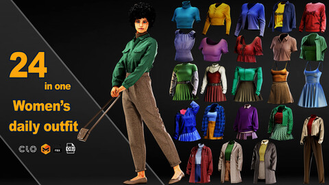 24 Women’s daily outfit / marvelous designer / clo3d / PBR textures / OBJ / FBX