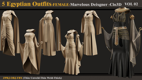 5 Egyptian Outfit-FEMALE- MD/Clo3d + ZPRJ + OBJ + FBX-VOL 2