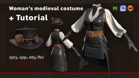 3D Medieval Women's Outfit + Tutorial + OBJ + FBX