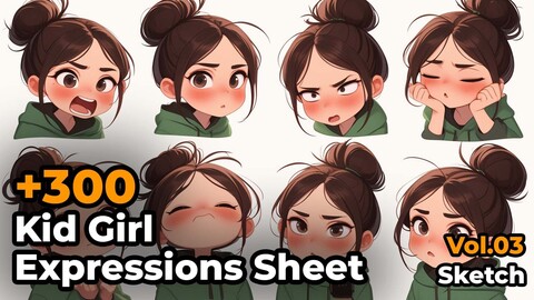 +300 Kid Girl Cartoon Expressions Sheet Concept