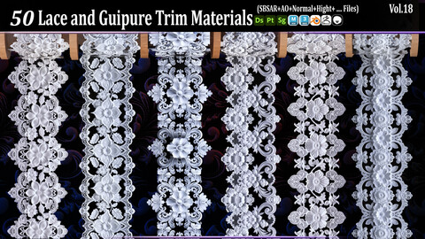 50 Lace and Guipure Trim Materials ( SBSAR + Textures ) .Vol18