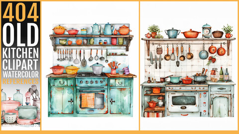 404 Old Kitchen Clipart in Watercolor