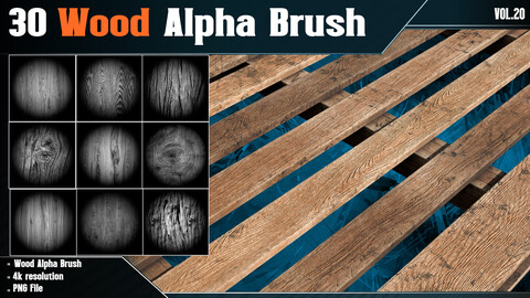 30 Wood Alpha Brush - Vol.20 ( 4K PNG ) + Free Substance Painter Tutorial