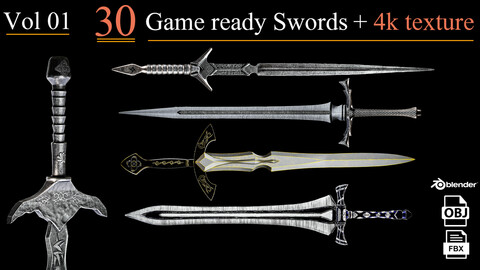 30 Sword game ready with texture (Low Poly)