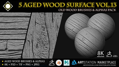 5 Old Age Wood Digital Surface Brushes & Alphas Vol.13 - ZBrush 4R8+/Blender/Mudbox/3dcoat