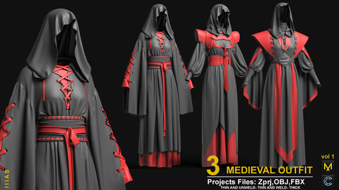 3 MEDIEVAL OUTFIT VOL1 (MARVELOUS DESIGNER AND CLO3D)ZPRJ, OBJ, FBX,UV)