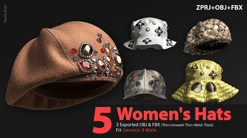 5 Women's Hats (VOL.01). Marvelous Designer/Clo3D project file+OBJ,FBX