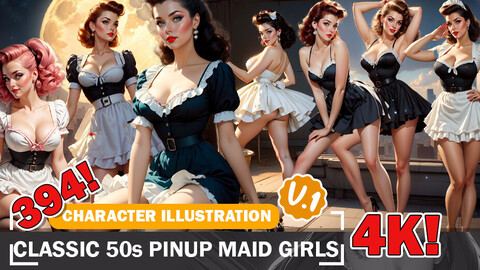 395 Classic 50s Pin-Up Maid Girls Beauties Diverse Outfits Intricate Designs and Reference Art V1 4K