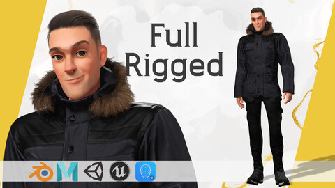 Man in Winter Outfit Stylized realistic character rig Low-poly 3D model