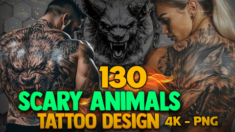 130 Scary Animals - Tattoo Design (PNG Files)-4K- High Quality