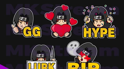 Twitch emotes Uchiha Itachi gg, love, hype, lurk & rip pack