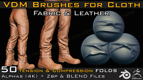 50 VDM Brushes Cloth Leather & Fabric Brushes, Tension & Compression Folds _ 50 Alpha (4k) +Video Tutorial- Vol.04