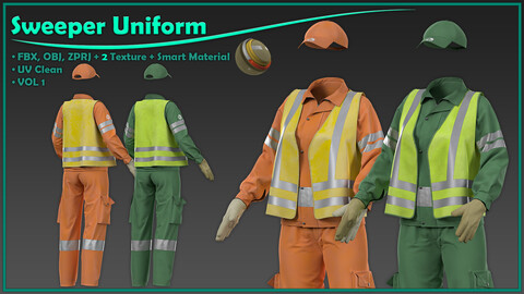 female street sweeper uniform with 2texture and smart material/ zprj+obj+fbx+4K PBR+SPSM/ clo3d, marvelous designer/outfit