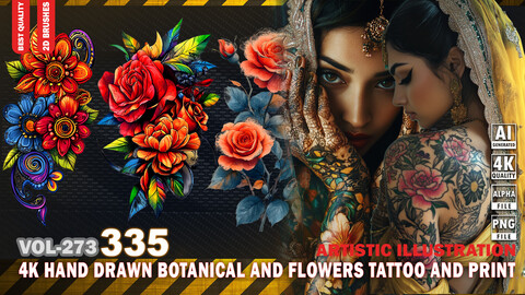 335 4K HAND DRAWN BOTANICAL AND FLOWERS TATTOO AND PRINT DESIGN - ARTISTIC ILLUSTRATION - HIGH END QUALITY RES - (TRANSPARENT & ALPHA) - VOL273