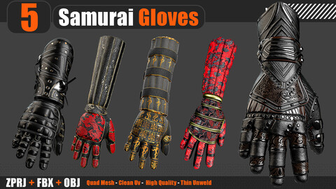 5 Samurai Gloves Vol1 (MARVELOUS DESIGNER AND CLO3D,ZPRJ, OBJ, FBX,UV)