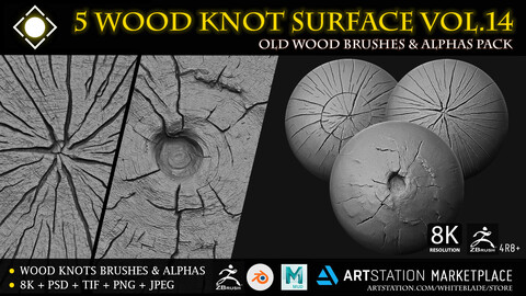 5 Wood Knots Digital Surface Brushes & Alphas Vol.14 - ZBrush 4R8+/Blender/Mudbox/3dcoat