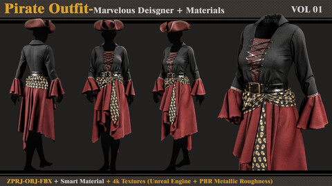 Pirate Outfit-FEMALE-MD/Clo3d + Smart Material + 4K Textures + OBJ + FBX (vol 01)